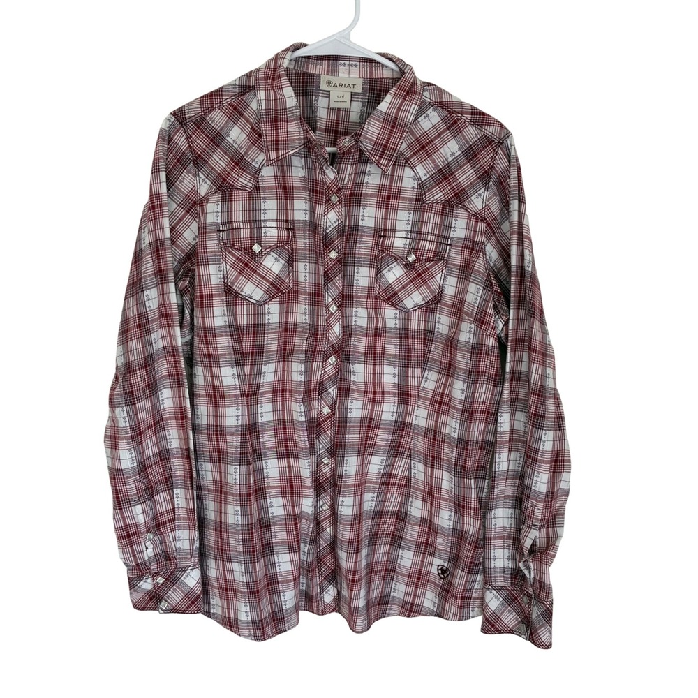 Ariat Womens Plaid Western Pearl Snap Shirt Red White Floral Metallic Large EUC